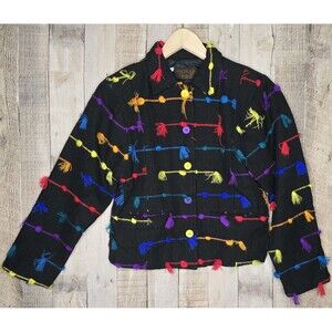 Vintage Kindred Spirit Jacket Size Small Black Multicolor Fringe Button 80s 90s